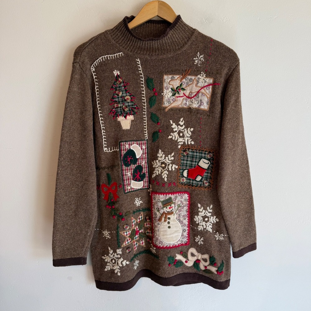 Vintage 90s B.P. Design Christmas Sweater Wool Blend Patchwork Applique Holiday